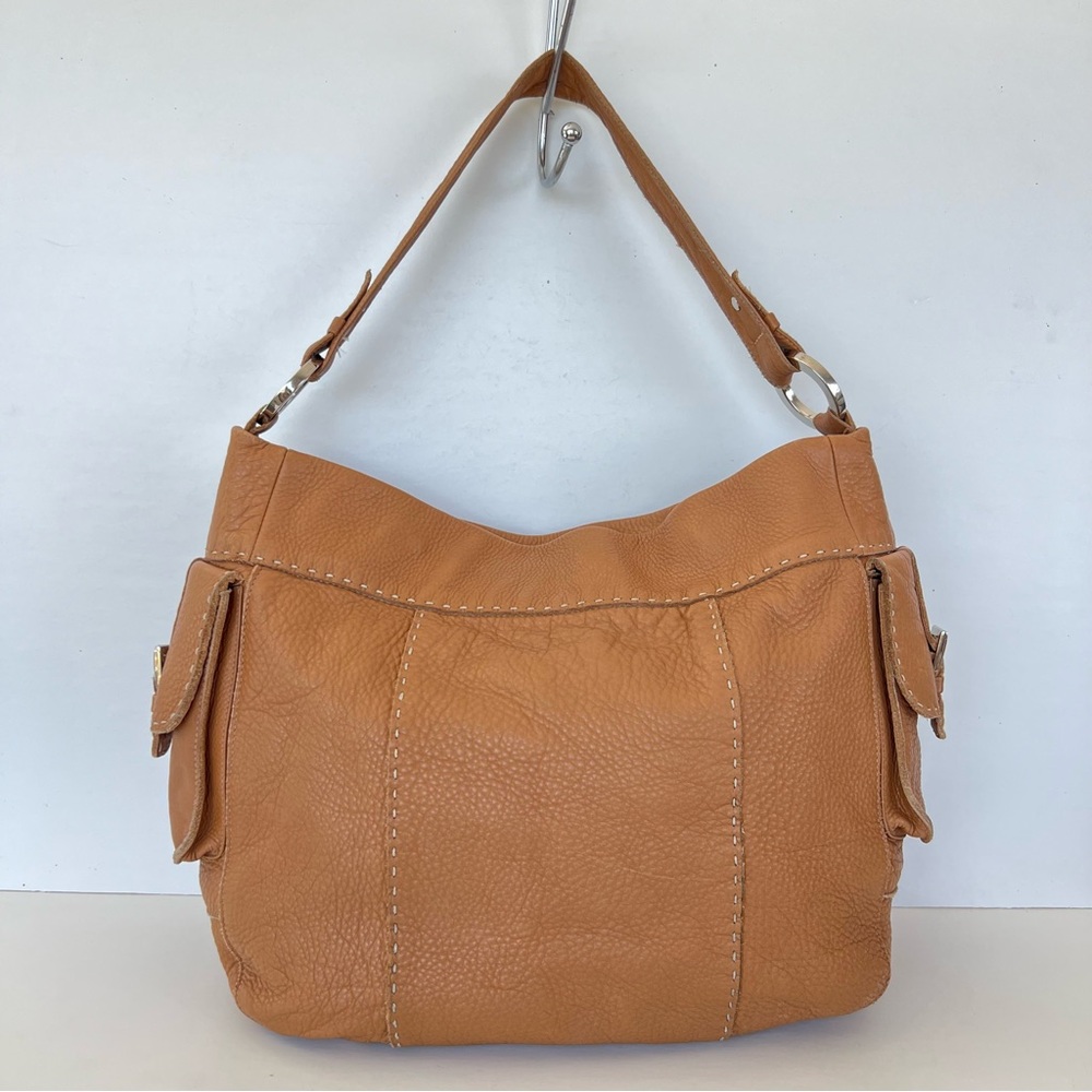 CARLA MANCINI Tan Pebble Leather White Stitching Side Pockets Large Shoulder Bag - Picture 4 of 13